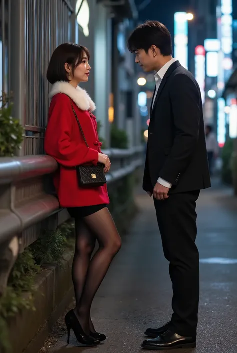 a full body shot of a cute Japanese woman of her 20s and a middle-aged man standing in front of her, (Here is a description of the woman : she is wearing black short dress, red winter short cape coat decorated with white fur collar, black pantyhose, black ...