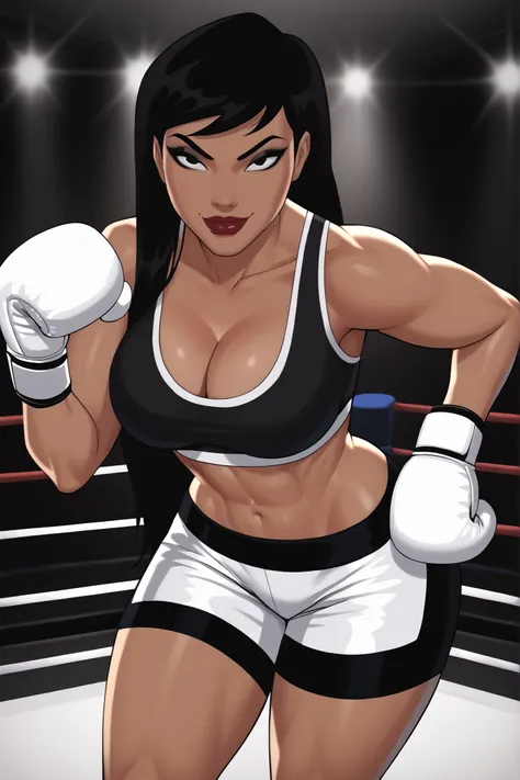 BREAK, score_6_up, score_7_up, score_8_up, score_9, 1girl, solo, Drlight, long hair, black hair, black eyes, lipstick, makeup, dark-skinned female, very large breasts, busty, cleavage, curvy, athletic, midriff, looking at viewer, seducing viewer, teasing ...