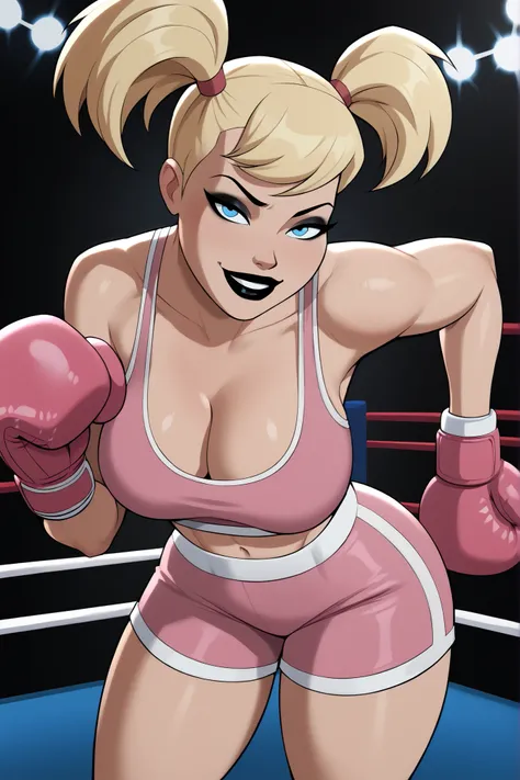 BREAK, score_9, score_8_up, score_7_up, score_6_up, Harleybtas, 1girl, solo, twintails, short hair, blonde hair, blue eyes, black lips, very large breasts, cleavage, makeup, smiling, closed mouth, seductive expression, bedroom eyes, looking at viewer, sedu...