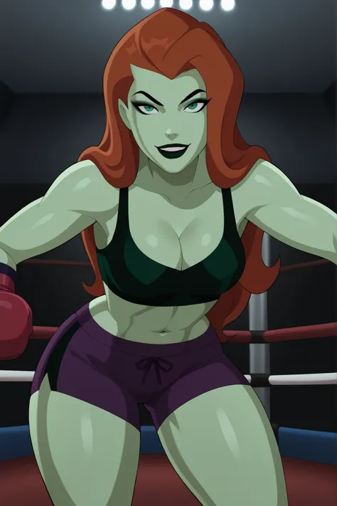 BREAK, score_9_up, score_8_up, score_7_up, score_6_up, poison ivy, 1girl, solo, ginger hair, long hair, black eyebrows, makeup, black lipstick, green skin, looking at viewer, seducing viewer, teasing viewer, best quality, high quality, seductive expression...