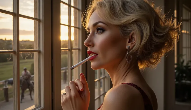 A hyper-realistic cinematic shot inside an opulent three-story European-style mansion. The camera is positioned behind and slightly to the side of Eleonor Grant, capturing her elegant profile as she gazes out through the balcony window. She is stunning, gl...