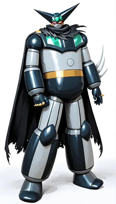 ブラックGetter Robo、standing confidently、white background、(Getter Robo, Super Robot, Mecha), With the stand arm folded、dynamic pose、black cloak to be fastened on the shoulder、(black getter, super robot, mecha)