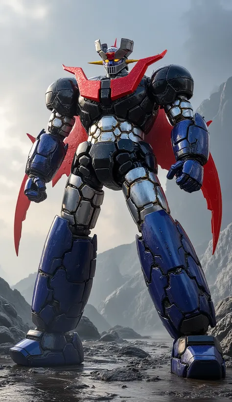 a remodeled Mazinger Z、The latest model , standing confidently . junction visible、Gloss , CARBON FIBER , Other industrial elements are also visible , Lifelike , Mazinger Z falls on top of the building、debris falls across it in the process of de...