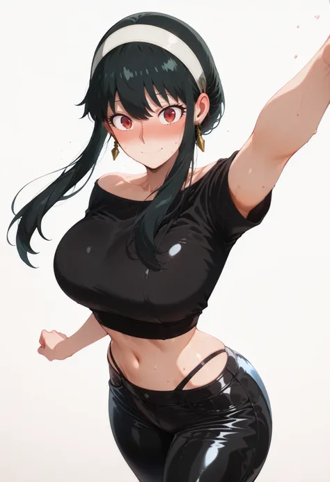 score_9, score_8_up, score_7_up, score_6_up, score_5_up, score_4_up, masterpiece, high quality, yor briar, black hair, red eyes, earrings, white hairband, hairband, long hair, sidelocks, large breasts, shiny skin, shiny hair, shiny body, clear body, large ...