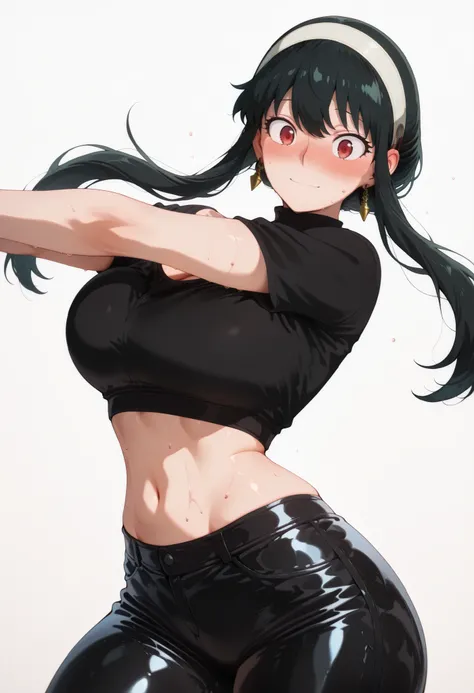 score_9, score_8_up, score_7_up, score_6_up, score_5_up, score_4_up, masterpiece, high quality, yor briar, black hair, red eyes, earrings, white hairband, hairband, long hair, sidelocks, large breasts, shiny skin, shiny hair, shiny body, clear body, large ...