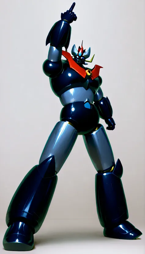 greatest masterpiece、Highest Image Quality、detailed details、Great Mazinger、solo、standing confidently、live-action、real、Gloss、Other industrial elements are also visible、Metallic Shine、white background、(Grey and Mazinger, Super Robot, Mecha), 1Raise your fing...