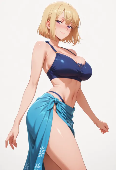 masterpiece, best quality, amazing quality, 1girl, solo, looking at viewer, blushing,, mature girl,side view, light smile, seductive, short hair, blonde hair, purple eyes, , ,bubble breasts, seductive twist, exaggerated voluptuous figure with impossibly la...