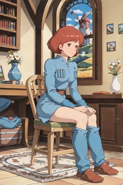 Nausicaa,1girl,brown hair,medium hair,brown eyes, breasts,, (Masterpiece, top quality, 8k, High quality anime, detailed and accurate anime poster, Studio Ghibli style, High sense Art ), adorable face, very kind face, Sit in a chair near window in her priv...
