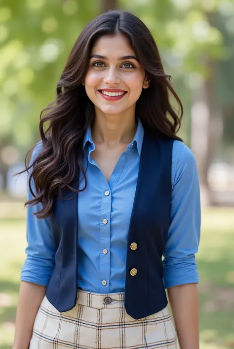 anaswarasdxl, Full body image of a 20 year old Indian girl with smiling look, fair skin tone, light grey eyes, fox eyelashes, thin eyebrows, black eye liner, silver eyeshadow, natural blush, and red lipstick. Her hairs are long, brown, wavy and stylish. Sh...