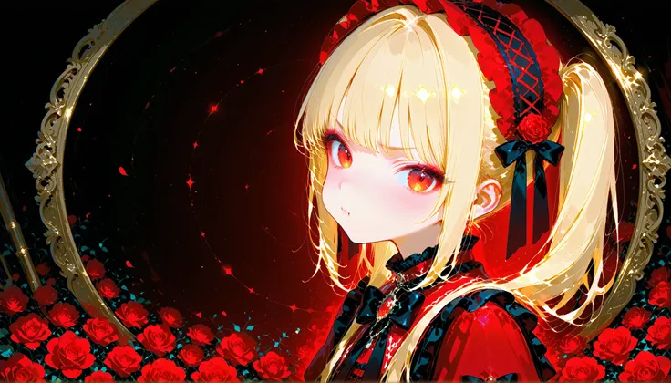 Spoiled, pouting face, blonde twin tails, side view, upper body, red and white gothic lolita fashion, looking at viewer