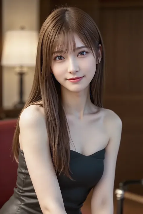 1girl, long brown silky straight hair and blue eyes, blouse, leather mini skirt, long legs, black pantyhose, black high heels,