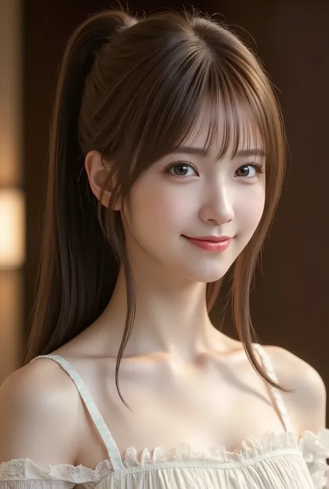 tsubasa,1girl, ponytail, bangs, light smile, dark brown hair, full body