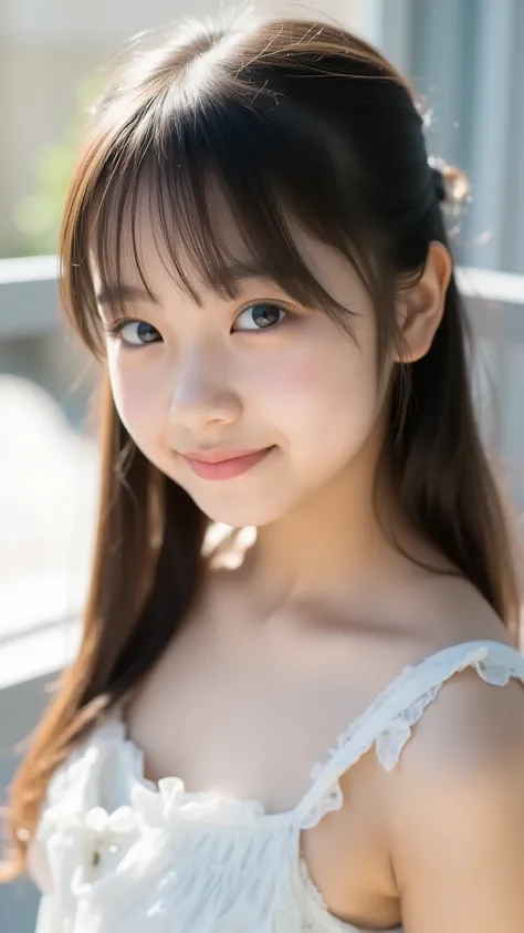 big eyes、the cutest middle school student in the world、Use your arms 、showing the head from the shoulder、smile,( She's a Middle School Student 、There are:1.8),(8k, original pictures, Highest Quality, masterpiece: 1.45), A Cup Breasts、a...