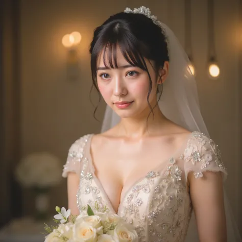 beautiful top Japanese idol crying with joy wearing a wedding dress, Tears Go Down My Cheeks, Wide photo above the knee、(Super Detailed:1.10), (super realistic full body portrait photo:1.9), (Super Detailed and clear focus :1.10), (At the center of the ima...