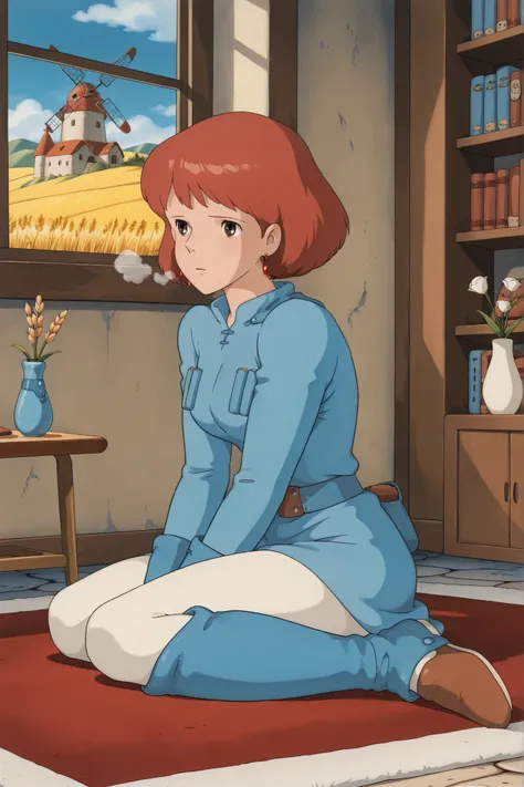white tights,,Nausicaa,1girl,brown hair,medium hair,brown eyes, breasts,, (Masterpiece, top quality, 8k, High quality anime, detailed and accurate anime poster, Studio Ghibli style, High sense Art ), adorable face, very kind face, Sitting on bed near windo...