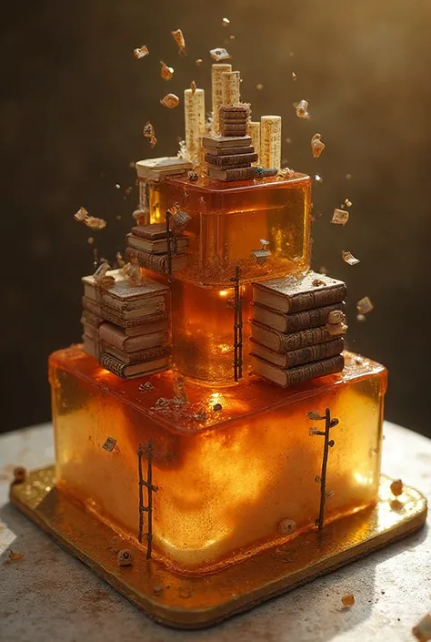 A square cake with bottom butter sponge, middle caramel cream with edible “book page” wafer layers, topped by a thick transparent sepia-tinted jelly (over 50% transparency, 1/3 height) forming a mystical floating library floor. Miniature fondant bookshelve...