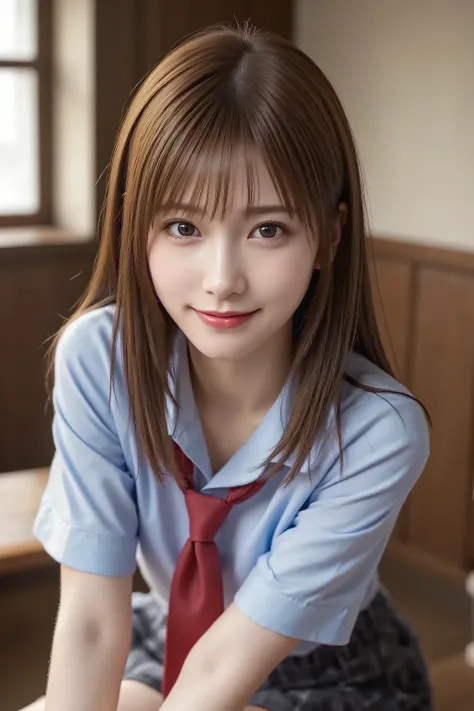 bangs between eyes, long hair, straight hair, long shiny legs, Cute and sexy high school girl, school uniform, light blue collared shirt, red tie, checked skirt, makeup, red lips, classroom, desk, tsubasa