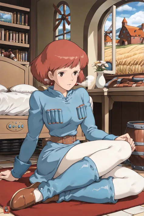 white tights,,Nausicaa,1girl,brown hair,medium hair,brown eyes, breasts,, (Masterpiece, top quality, 8k, High quality anime, detailed and accurate anime poster, Studio Ghibli style, High sense Art ), adorable face, very kind face, Looking at audience, Sitt...