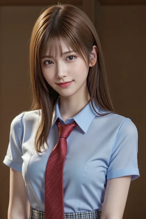 bangs between eyes, long hair, straight hair, long shiny legs, Cute and sexy high school girl, school uniform, light blue collared shirt, red tie, checked skirt, makeup, red lips, classroom, tsubasa