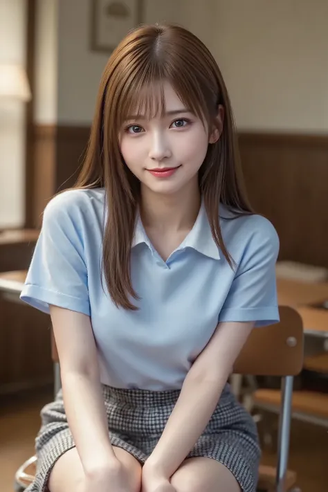 tsubasa,bangs between eyes, long hair, long shiny legs, Cute and sexy high school girl, school uniform, light blue collared shirt, red tie, checked skirt, makeup, red lips, classroom, desk, Chair