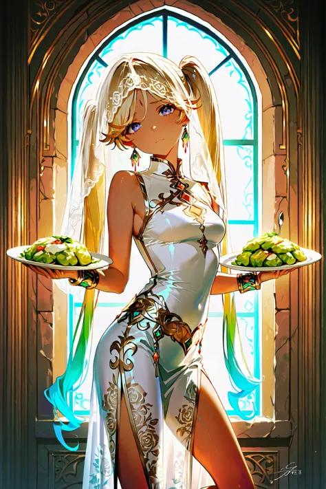 (language: Japanese、English)、(masterpiece)、(Highest Quality)、(High Score )、(high resolution)、

(Fantasy、India in the Middle Ages、(summer)、(Daytime)、(Indoor)、1girl,solo,),

(,,(food carrying scene）、（India in the Middle Agesの食堂、Stone Buildings、window（ガラスwind...