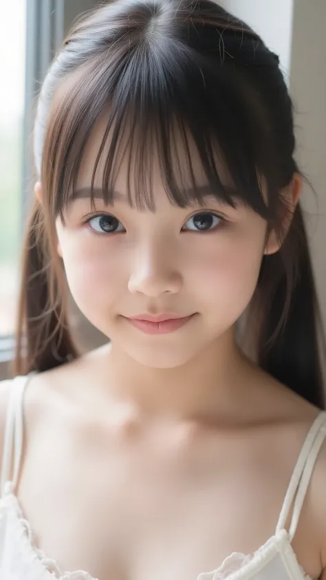 big eyes、the cutest middle school student in the world、Use your arms 、showing the head from the shoulder、smile,( She's a Middle School Student 、There are:1.8),(8k, original pictures, Highest Quality, masterpiece: 1.45), A Cup Breasts、a...