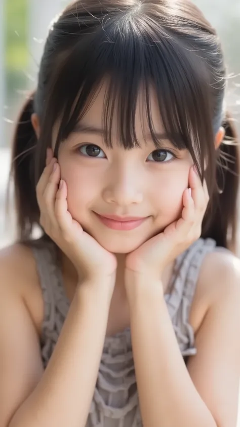 big eyes、the cutest middle school student in the world、Use your arms 、showing the head from the shoulder、smile,( She's a Middle School Student 、There are:1.8),(8k, original pictures, Highest Quality, masterpiece: 1.45), A Cup Breasts、a...