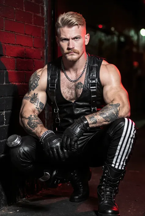 Realistic photo, Leather Macho Gay Hunk Man. 20 years old, white Muscular and dominant gay escort, Leather Sex God, pale skin, smug face expression, looking straight ahead, dark blond short hair, Wears a leather fetish harness, leather biker vest, short ta...