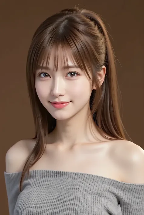 1girl, ponytail, bungs, off shoulder, from front, full body, light smile