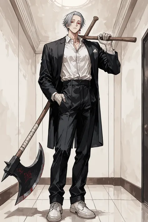 (masterpiece, best quality), amazing quality, very aesthetic, absurdres, highres, newest, HDR, 8K, high detail RAW color art, anime style, 1male, Gaku - Sakamoto Days, silver hair, short hair, slanted eyes, red eyes, one earring, ear piece, bandaged hands,...