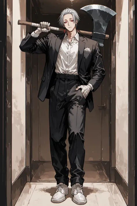 (masterpiece, best quality), amazing quality, very aesthetic, absurdres, highres, newest, HDR, 8K, high detail RAW color art, anime style, 1male, Gaku - Sakamoto Days, silver hair, short hair, slanted eyes, red eyes, one earring, ear piece, bandaged hands,...