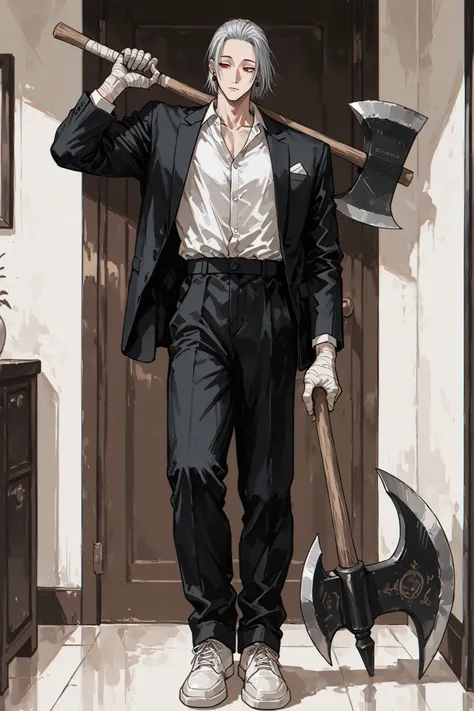 (masterpiece, best quality), amazing quality, very aesthetic, absurdres, highres, newest, HDR, 8K, high detail RAW color art, anime style, 1male, Gaku - Sakamoto Days, silver hair, short hair, slanted eyes, red eyes, one earring, ear piece, bandaged hands,...