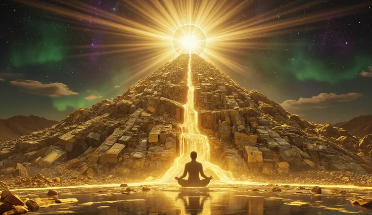 Create a high-resolution digital artwork (16:9) of a meditative figure seated peacefully at the summit of a colossal mountain made entirely of stacked banknotes, shimmering gold bars, and cascading coins. A radiant golden aura surrounds them, sending strea...