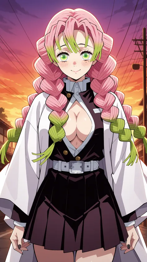 BREAK (masterpiece:1.2), best quality, high resolution, unity 8k wallpaper, (illustration:0.8), (beautiful detailed eyes:1.6),Anime-style view from the street, skyscrapers glowing in orange and purple sunset light. The sky burns with warm colors between ta...