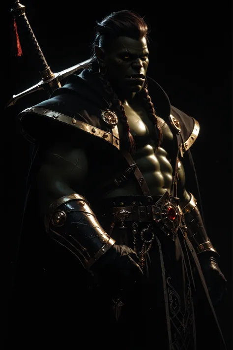 A hyperrealistic digital painting of an imposing orc war veteran, with dark green skin and deep scars revealing years of battle. His armor, made of black iron with gold details, is of high quality, giving him the appearance of someone important wearing a g...