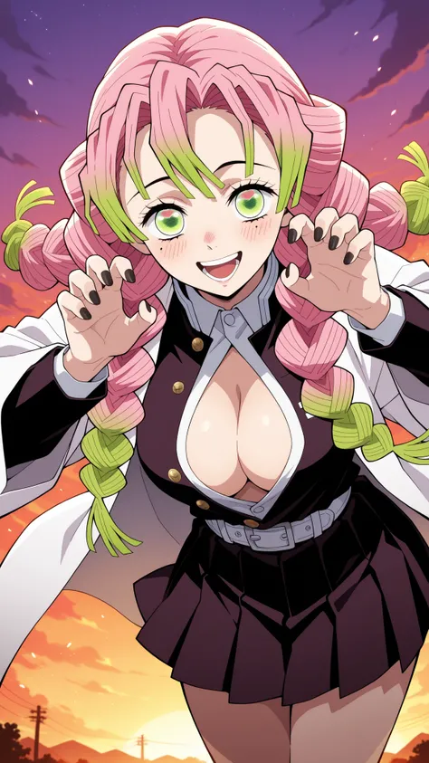 BREAK (masterpiece:1.2), best quality, high resolution, unity 8k wallpaper, (illustration:0.8), (beautiful detailed eyes:1.6),Anime-style view from the street, skyscrapers glowing in orange and purple sunset light. The sky burns with warm colors between ta...