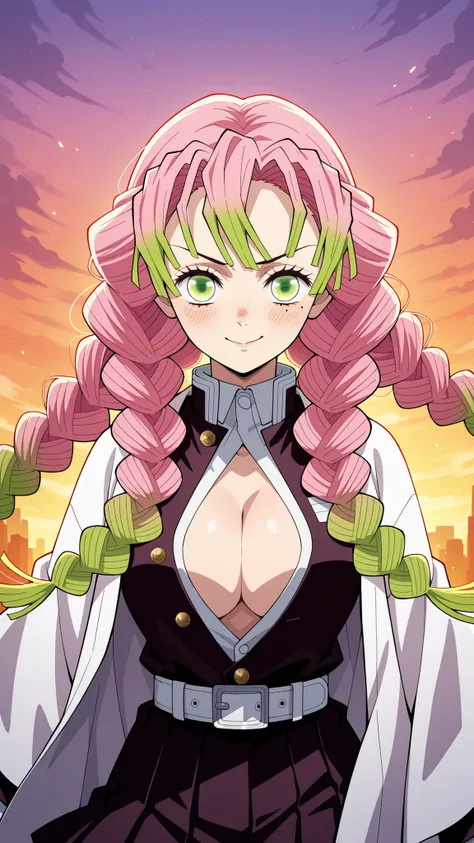 BREAK (masterpiece:1.2), best quality, high resolution, unity 8k wallpaper, (illustration:0.8), (beautiful detailed eyes:1.6),Anime-style view from the street, skyscrapers glowing in orange and purple sunset light. The sky burns with warm colors between ta...