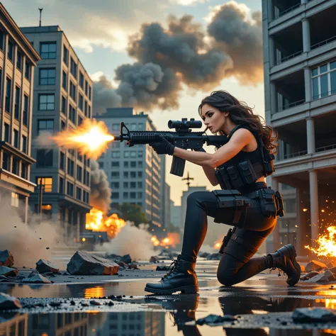 Ultra-realistic, photo-realistic, an ultra attractive woman with very long wavy dark hair, heavy black eye makeup up and wearing an all black SWAT type outfit is engaged in an urban warfare nightmare. The enormous automatic assault rifle she has blasts rou...