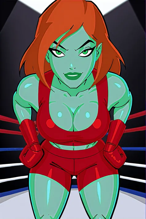 BREAK, score_6_up, score_7_up, score_8_up, score_9, 1girl, solo, green skin, green eyes, orange hair, green lipstick, makeup, Megan, superhero, very large breasts, busty, cleavage, curvy, athletic, looking at viewer, seducing viewer, teasing viewer, seduct...