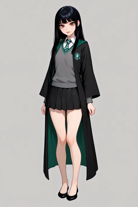 score_9, score_8_up, score_7_up, best quality, masterpiece, 4k resolution, 1girl, solo, youthful, beautiful, full body, long straight hair, pitch black hair, brown eyes, sharp eyes, looking at viewer, elegant posture, bare legs, smooth body, clean skin, h...