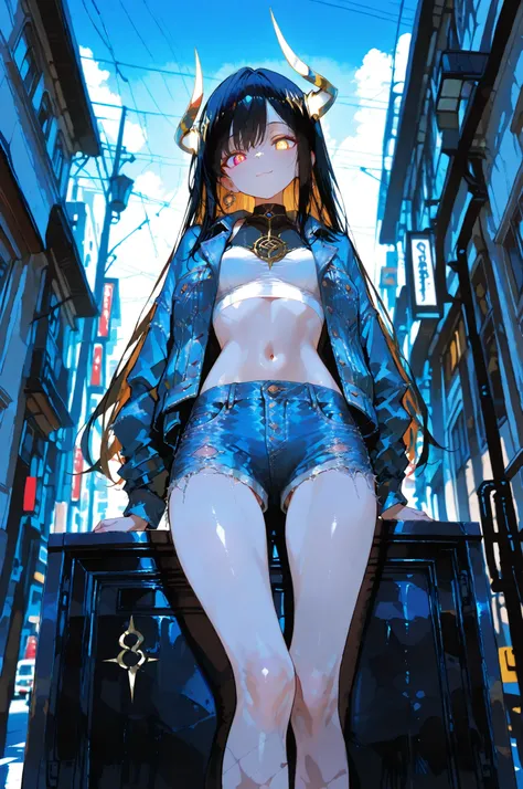 battlemage_neopresencia,Street style for a fashion magazine: a model wears the latest denim and white-toned casual wear. The ensemble features: a distressed denim jacket (worn open), a minimalist white crop top, frayed white denim shorts, and branded whit...