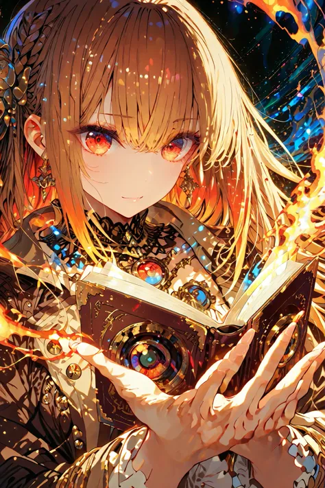 A solitary time traveler stands among towering bookshelves in a vast ancient library where history and future collide. The figure wears an ornate Victorian coat with futuristic glowing circuitry patterns, examining a luminescent holographic book while surr...