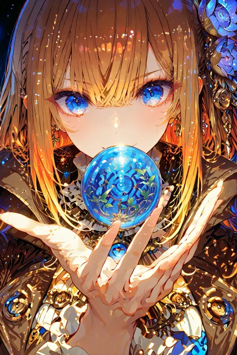 A solitary time traveler stands among towering bookshelves in a vast ancient library where history and future collide. The figure wears an ornate Victorian coat with futuristic glowing circuitry patterns, examining a luminescent holographic book while surr...