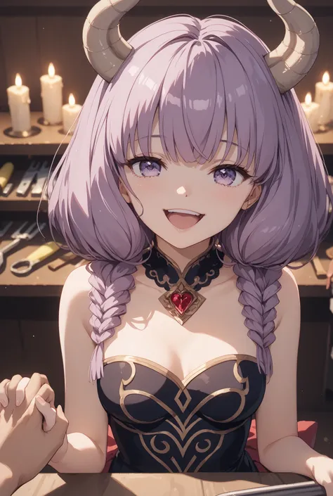 masterpiece,Super Detailed,beautiful faces,And high-precision,cute devil girl,(One woman in between stores),sitting on the devil's dim bedroom bed,has a devil candle holder behind the bed、Candlelight,external, Expression of victory ,sitting on the devil's...