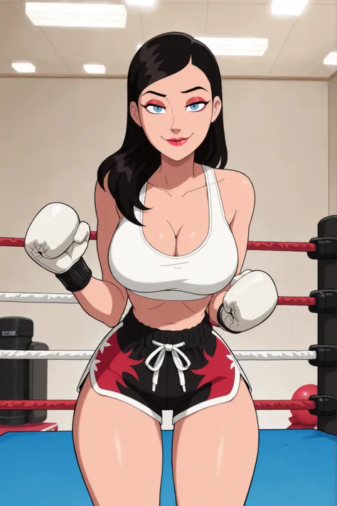 BREAK, score_6_up, score_7_up, score_8_up, score_9, 1girl, solo, loislane, black hair, long hair, makeup, lipstick, blue eyes, very large breasts, cleavage, curvy, athletic, looking at viewer, seducing viewer, teasing viewer, smiling, closed mouth, seducti...