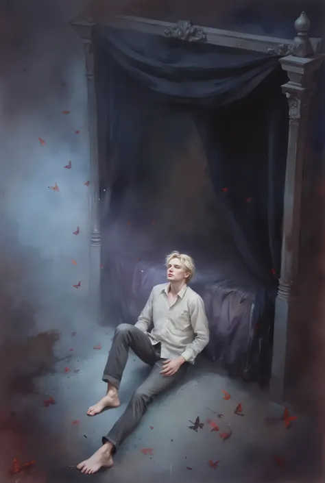 A young, pale-skinned man with platinum blonde hair sits barefoot on the floor of a grand bedroom. He appears to be in his late teens to early twenties, wearing a lightly wrinkled, white button-down shirt and dark gray trousers, casually rolled up. His exp...