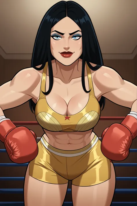  score_9, score_8_up, score_7_up, score_6_up, BREAK, solo, 1girl, wonderwoman, long hair, black hair, blue eyes, very large breasts, cleavage, curvy, athletic, smile, closed mouth bedroom eyes, seductive expression, looking at viewer, seducing viewer, teas...