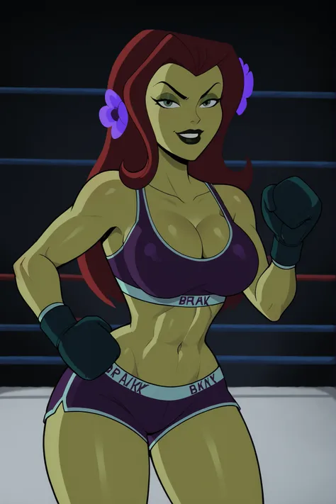 2d, score_9, score_8_up, score_7_up, score_6_up, flower, BREAK, 1girl, solo, standing, red hair, PIVYbatb, green skin, cleavage, curvy, athletic, makeup, smile, closed mouth, very large breasts, long hair, black lips, hair ornament, seductive expression, b...