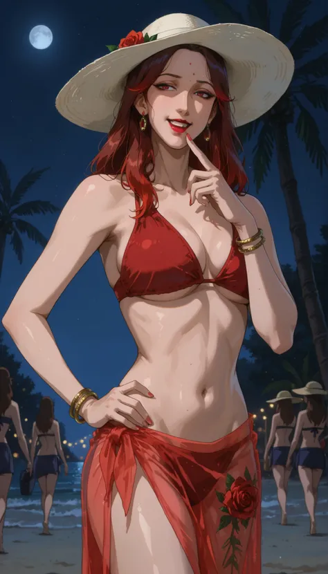 score_9,score_8_up,score_7_up,high resolution, detailed art,(realistic:0a.15),high quality, bokeh BREAK cowboy shot,k1r7u artstyle, A woman, mature female, housewife, slim body, medium breasts, mole under eye, (bangles), crimson red bikini, sarong, see-thr...