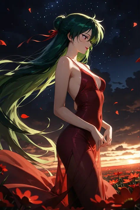 masterpiece, amazing quality, best quality, ultra-detailed, 8K, illustration, clear skin, ultra-detailed-eyes, soft skin, very awa, very as2, soft body, 1990s \(style\), official art, setsuna meiou, long hair, red eyes, very long hair, green hair, hair bun...